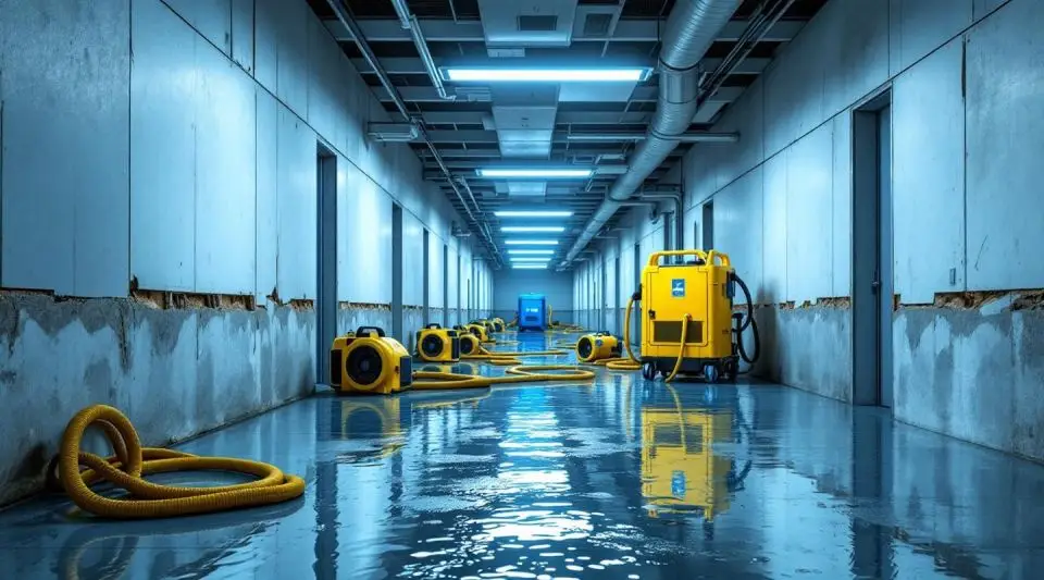 Blue Dry Restoration technicians using commercial air movers and water extractors in a flooded Greeley office building.