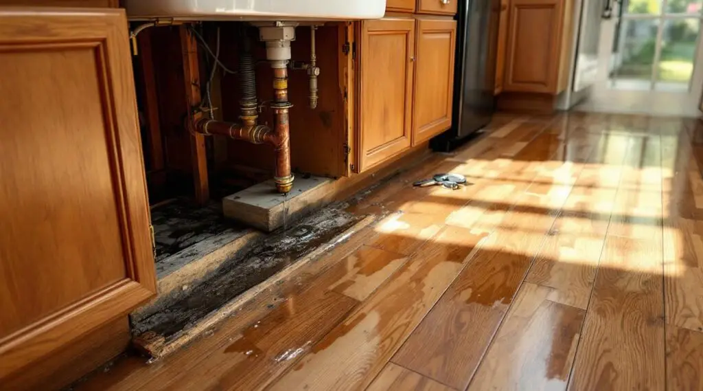 A technician using a moisture meter under a kitchen sink in a Greeley home, mapping hidden water damage with cinematic lighting.