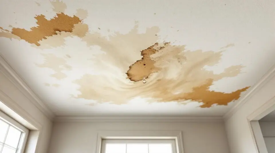 Technician inspecting a water-damaged drywall ceiling with a moisture meter in a Greeley home.