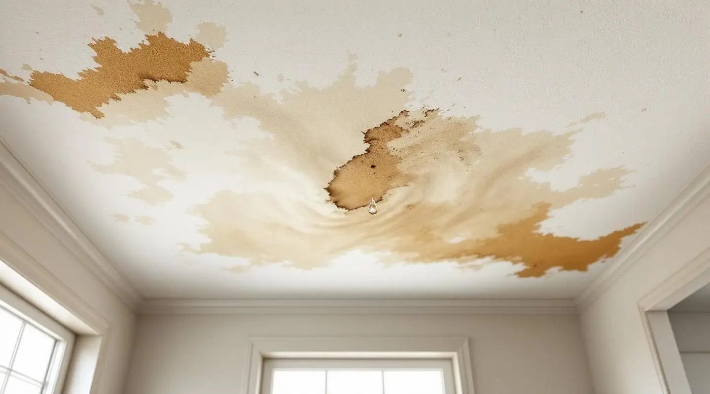 Technician inspecting a water-damaged drywall ceiling with a moisture meter in a Greeley home.