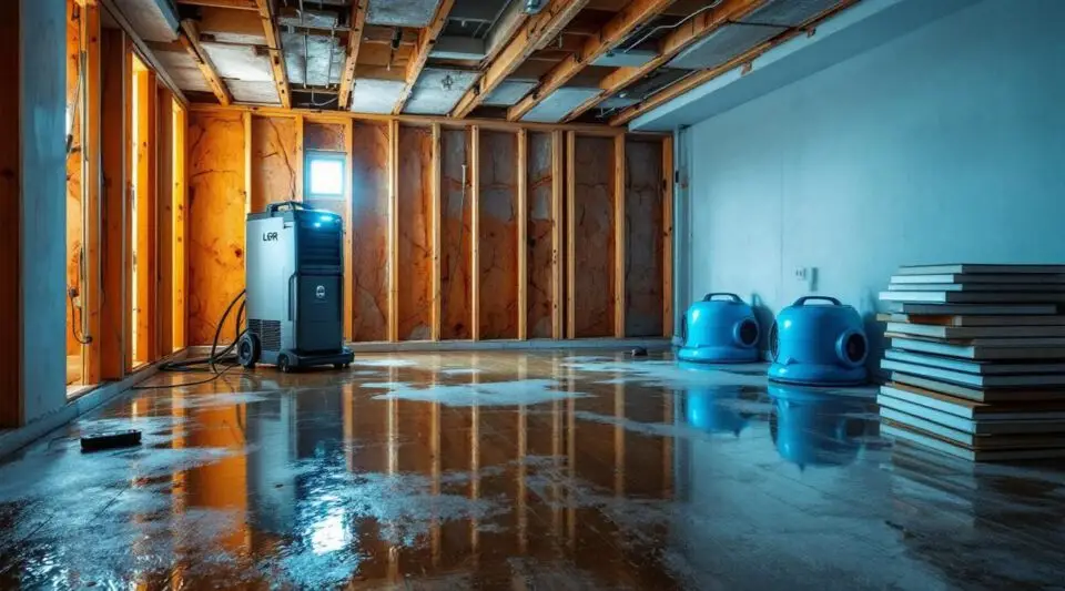 A professional restoration technician extracting water from a flooded Greeley living room using advanced extraction equipment.