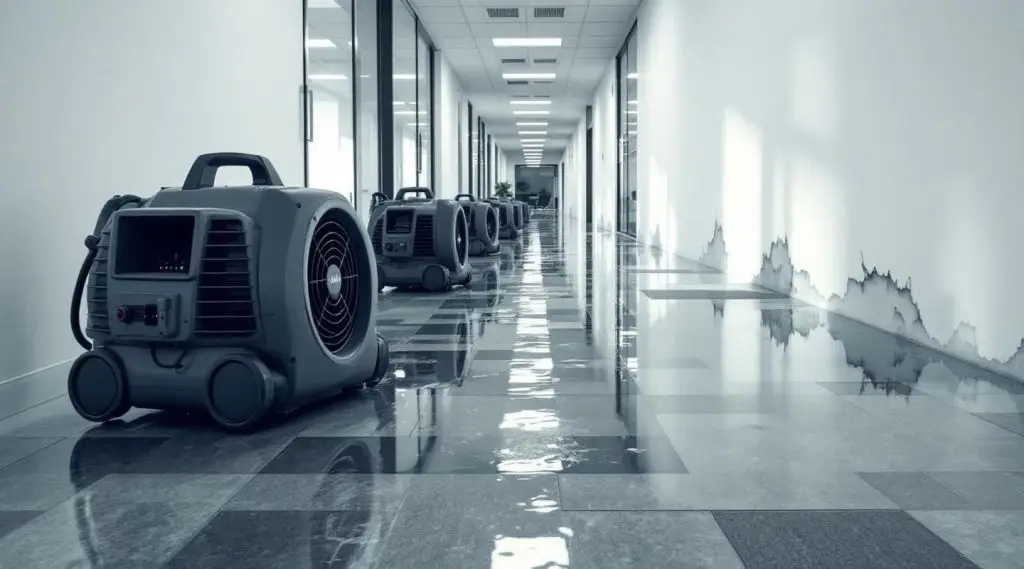 Commercial restoration technicians setting up industrial air movers and dehumidifiers in a flooded Greeley office building.