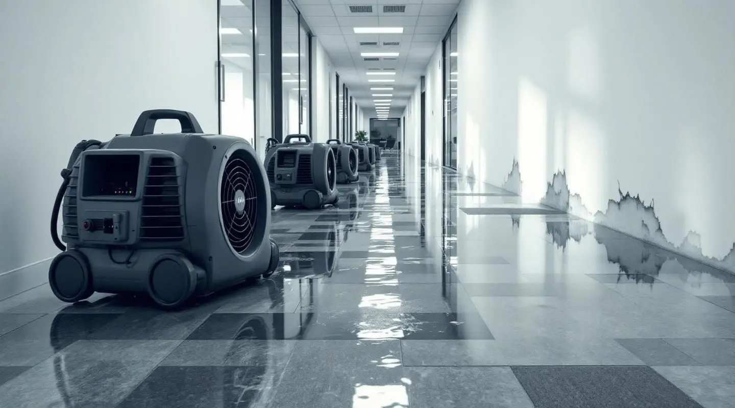 Commercial restoration technicians setting up industrial air movers and dehumidifiers in a flooded Greeley office building.