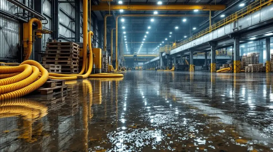 Commercial restoration crew using truck-mounted water extraction pumps on a flooded industrial concrete floor in Greeley.