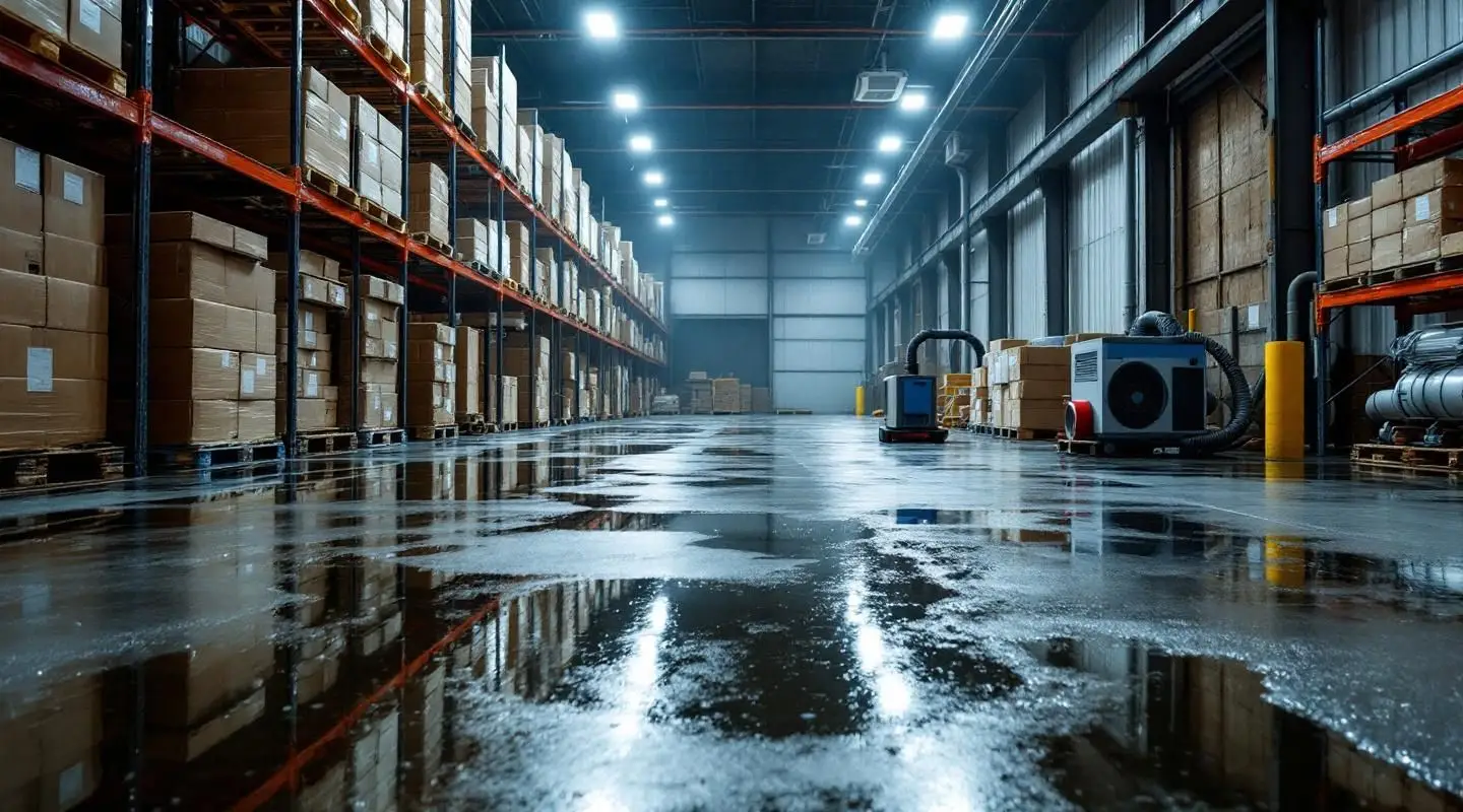 Blue Dry Restoration technicians extracting water from a flooded warehouse concrete floor in Greeley.