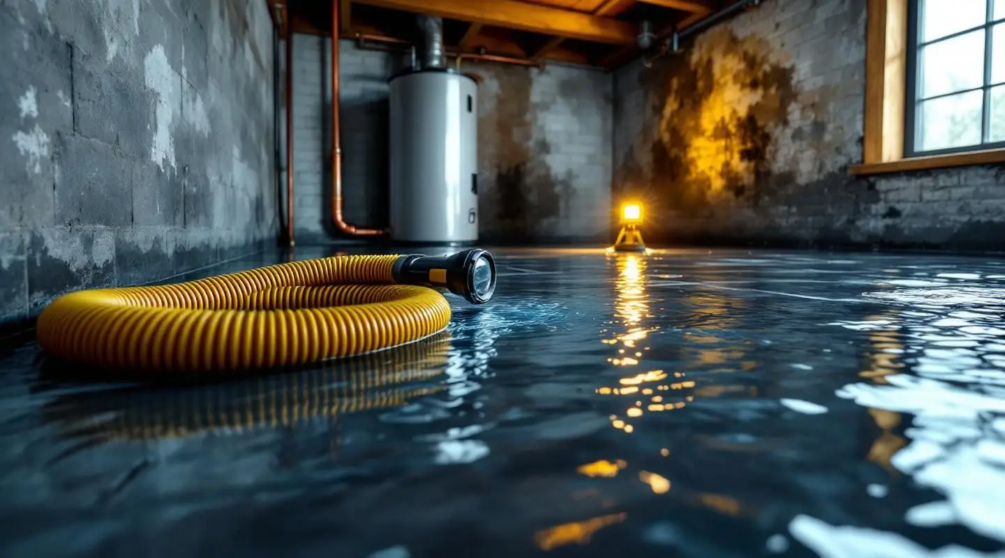 A Blue Dry Restoration technician uses professional water extraction equipment in a flooded Greeley basement, urgent mood.
