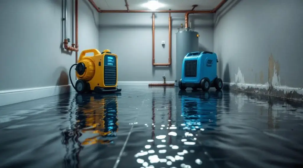Blue Dry Restoration technician using a water extraction vacuum on a wet hardwood floor in a Greeley home.