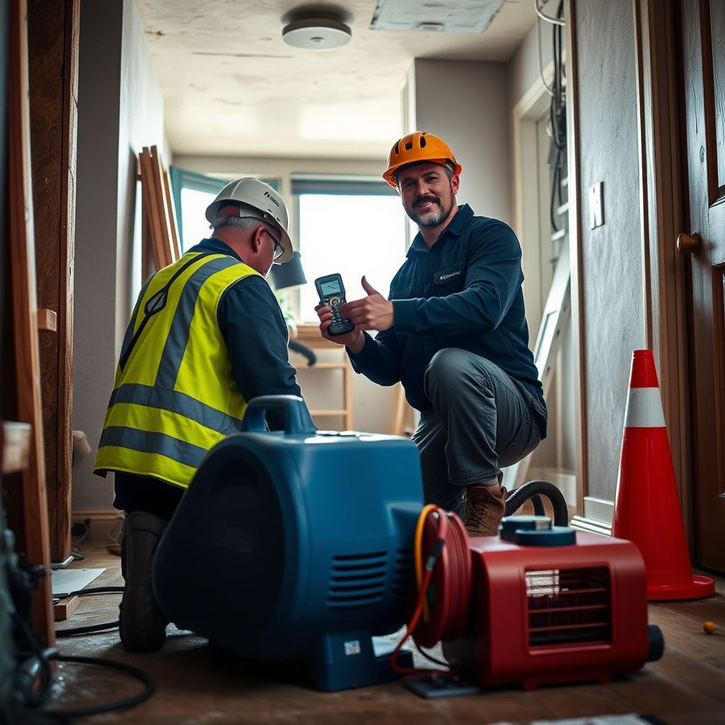 A technician using a moisture meter to check a drywall cavity in an Evans home.