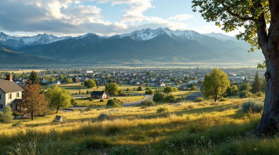 A service vehicle parked on a residential street in Milliken, Colorado, with high-plains landscape in the background.