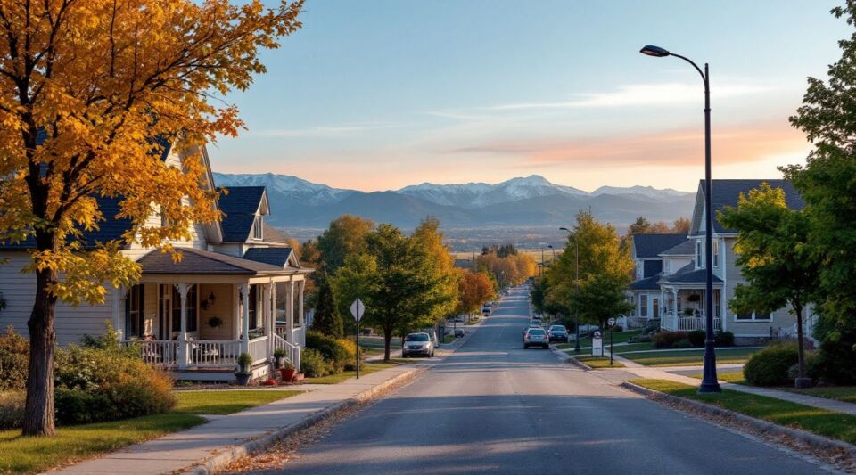 A service vehicle parked along a residential street in Severance, Colorado, near modern homes during a crisp morning.