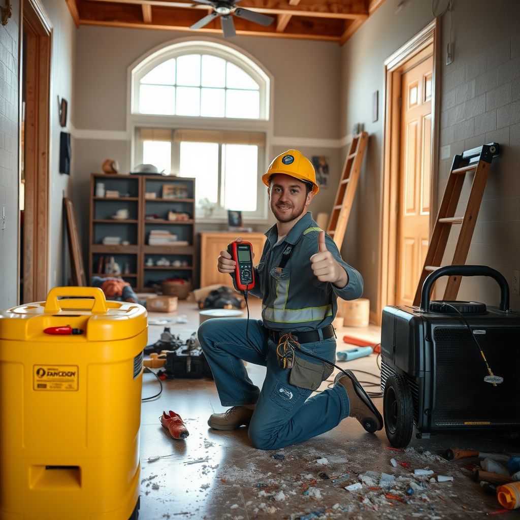 A professional water extraction setup inside a Kersey home, showing high-velocity air movers drying a hardwood floor.