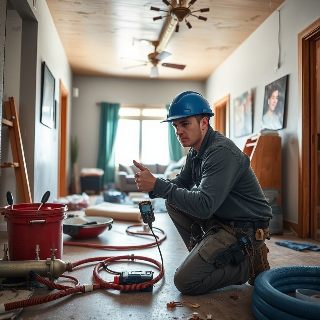 An industrial air mover and dehumidifier drying out a hardwood floor in a Loveland home.