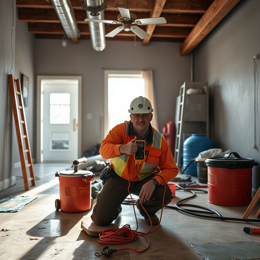 A professional moisture meter showing dry readings on a restored wall cavity in a Johnstown home.