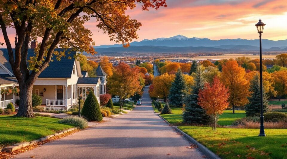 A service vehicle parked on a residential street in Loveland, Colorado, with the Front Range foothills visible in the background.