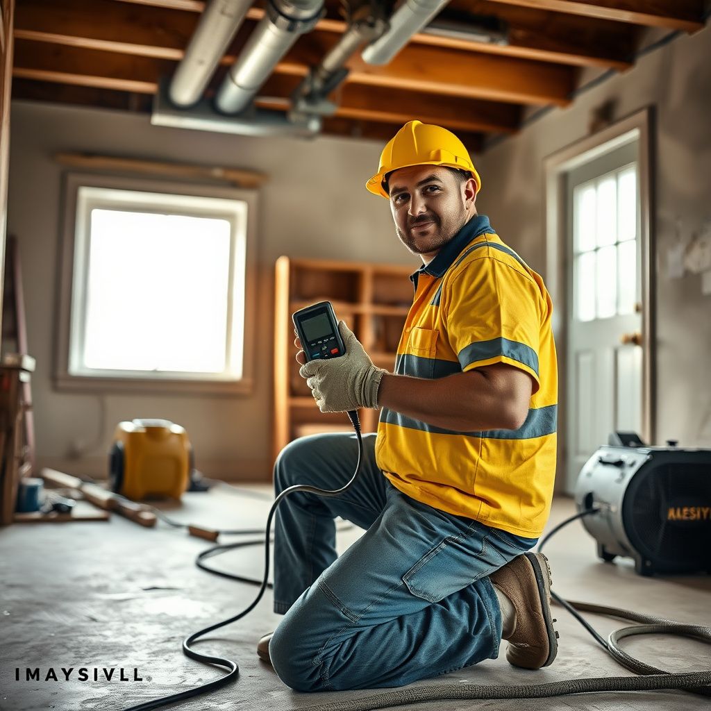 A technician using a non-penetrating moisture meter to check for hidden water behind a drywall wall in an Eaton home.
