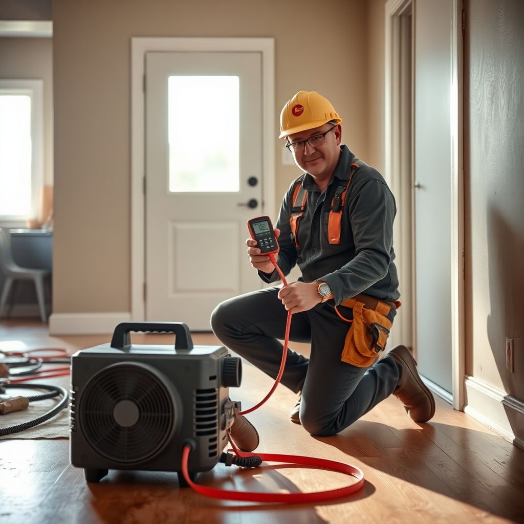 An industrial air mover and dehumidifier drying out a hardwood floor in a Windsor residence.